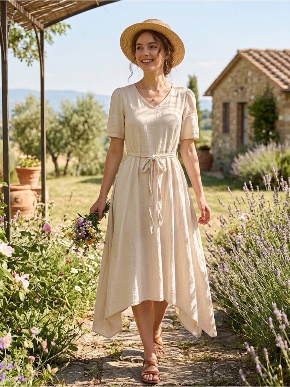 Women's Cream V-Neck Tie-Waist Linen Dress